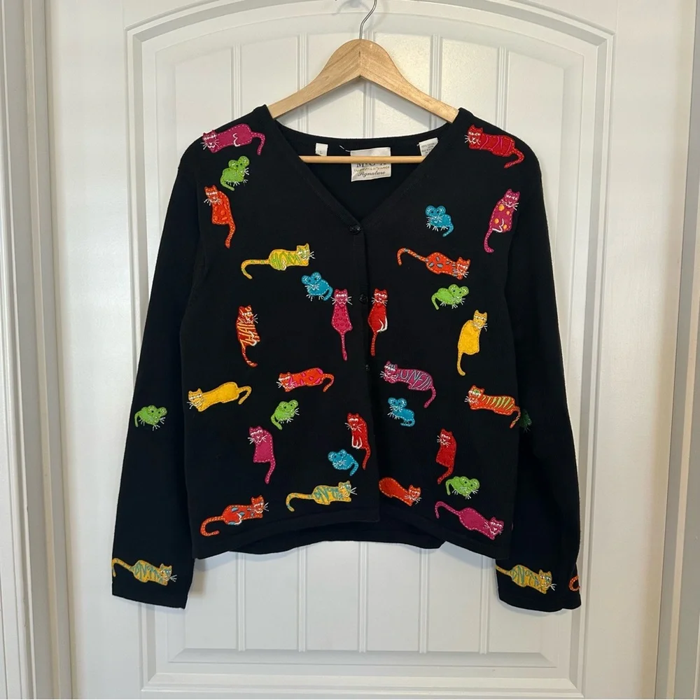 Vintage Cat Cardigan Sweater Embroidered Animal Colorful Funky Size Large - Picture 3 of 7